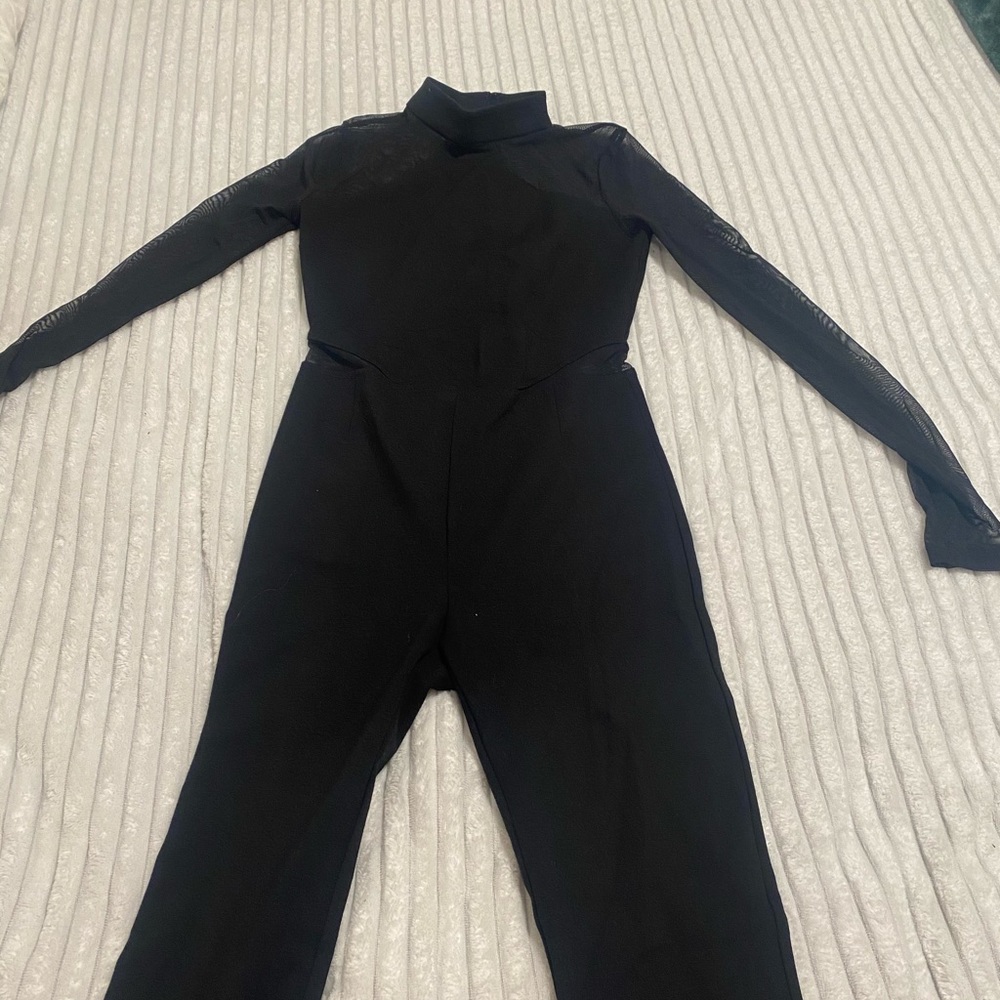 Black mock neck jumpsuit with shear sleeves